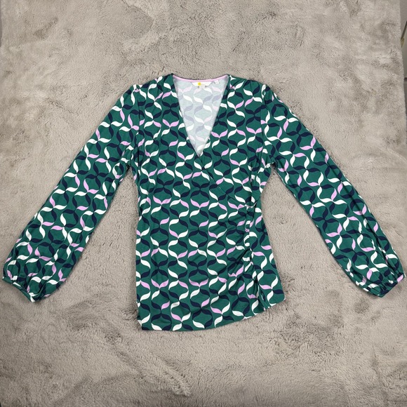 Boden Green Geometric‎ Print Wrap Blouse Long Sleeve Top US 12 UK 16 - Picture 2 of 10
